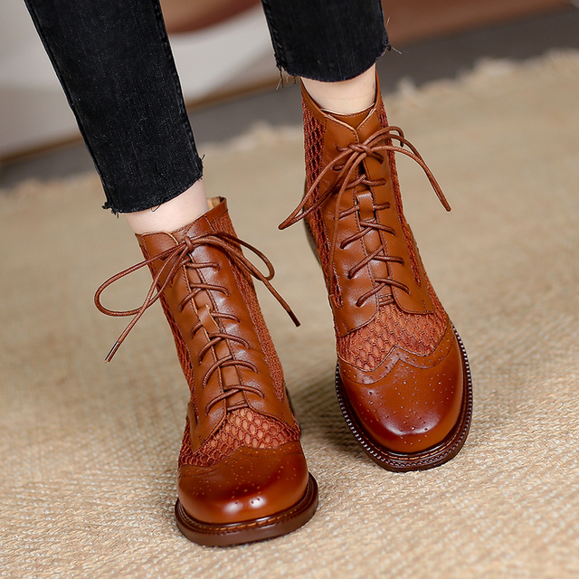 Nowe letnie damskie buty do kostki Hollow - oryginalny model z siatką Martin w brytyjskim stylu, wykonane ze skóry - gruby obcas, mesh - Wianko - 25