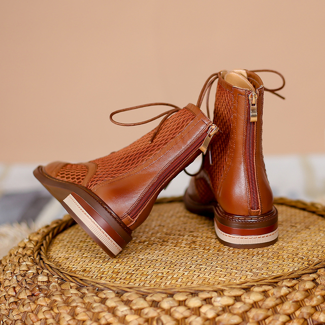 Nowe letnie damskie buty do kostki Hollow - oryginalny model z siatką Martin w brytyjskim stylu, wykonane ze skóry - gruby obcas, mesh - Wianko - 5