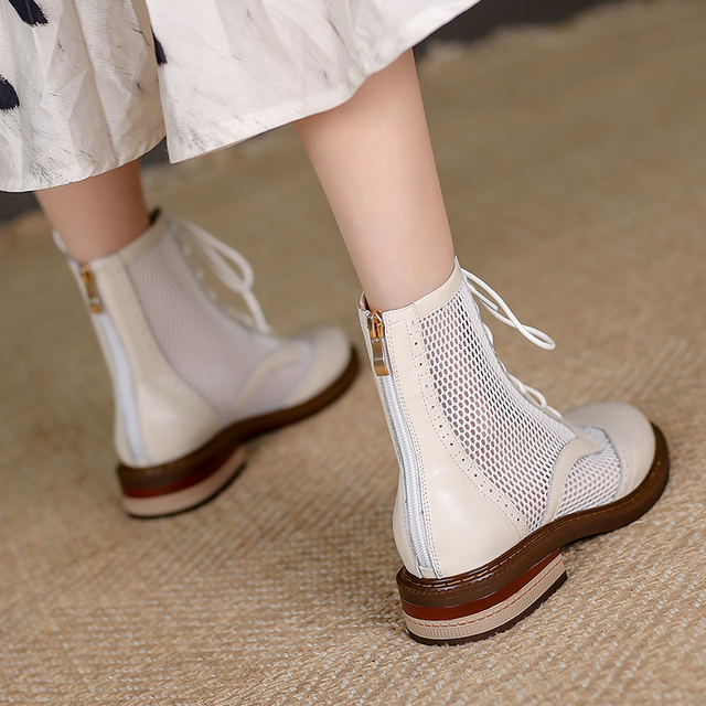Nowe letnie damskie buty do kostki Hollow - oryginalny model z siatką Martin w brytyjskim stylu, wykonane ze skóry - gruby obcas, mesh - Wianko - 7