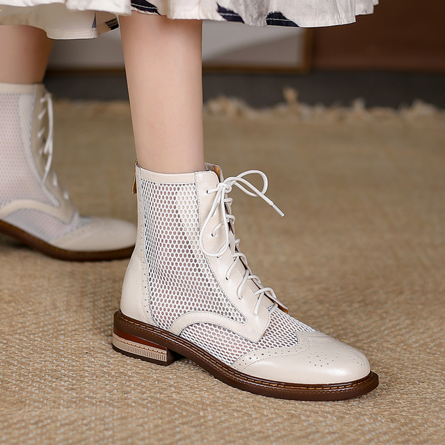 Nowe letnie damskie buty do kostki Hollow - oryginalny model z siatką Martin w brytyjskim stylu, wykonane ze skóry - gruby obcas, mesh - Wianko - 8