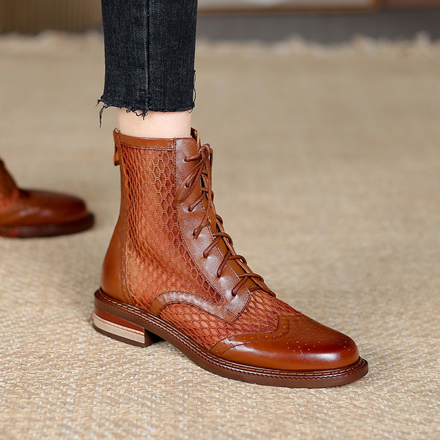 Nowe letnie damskie buty do kostki Hollow - oryginalny model z siatką Martin w brytyjskim stylu, wykonane ze skóry - gruby obcas, mesh - Wianko - 21