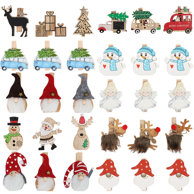 Boże Narodzenie drewniane klipsy w kształcie Santa, Śnieżynki i Jelenia - 6 sztuk/partia - Wianko - 8