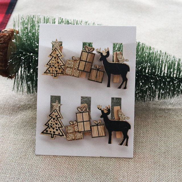 Boże Narodzenie drewniane klipsy w kształcie Santa, Śnieżynki i Jelenia - 6 sztuk/partia - Wianko - 7