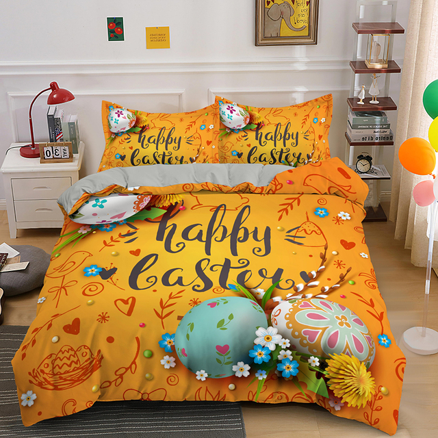 Zestaw pościeli Wesołych Świąt Wielkanocnych dla dzieci i dorosłych, jajko królik + kołdra + zestaw osłon, rozmiar królowej + tekstylia domowe - Wianko - 4