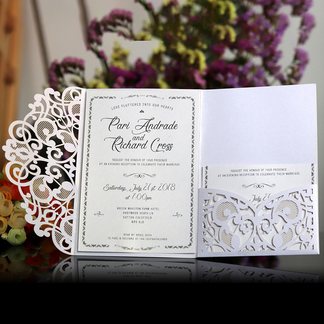 10 eleganckich kartek zaproszeń ślubnych w niebiesko-białym kolorze, laserowo wycinanych, z życzeniami i opcją RSVP - dostosuj je do swojego biznesu! - Wianko - 8
