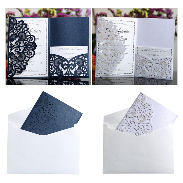 10 eleganckich kartek zaproszeń ślubnych w niebiesko-białym kolorze, laserowo wycinanych, z życzeniami i opcją RSVP - dostosuj je do swojego biznesu! - Wianko - 6