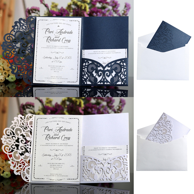 10 eleganckich kartek zaproszeń ślubnych w niebiesko-białym kolorze, laserowo wycinanych, z życzeniami i opcją RSVP - dostosuj je do swojego biznesu! - Wianko - 13