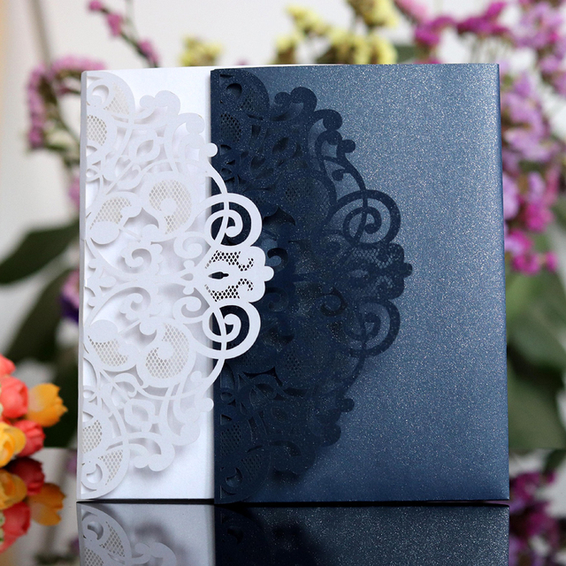 10 eleganckich kartek zaproszeń ślubnych w niebiesko-białym kolorze, laserowo wycinanych, z życzeniami i opcją RSVP - dostosuj je do swojego biznesu! - Wianko - 15