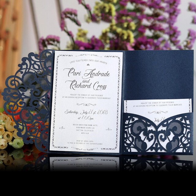 10 eleganckich kartek zaproszeń ślubnych w niebiesko-białym kolorze, laserowo wycinanych, z życzeniami i opcją RSVP - dostosuj je do swojego biznesu! - Wianko - 5
