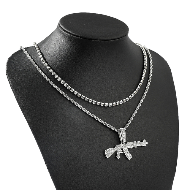 Naszyjnik z dwuwarstwowym, złotym kolorowym srebrnym pistoletem laserowym i kryształowym wisiorkiem na długim łańcuchu dla pań - wyjątkowa biżuteria - Wianko - 26