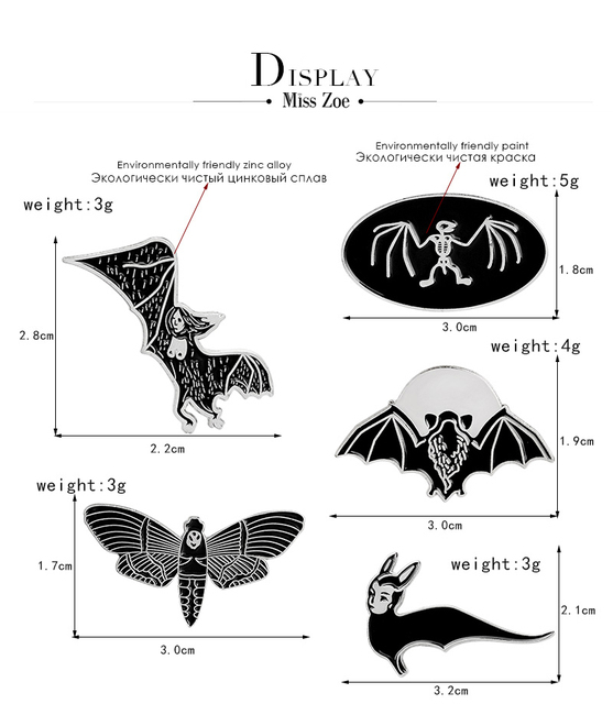 Nietoperz Panna Zoe - czarna broszka z szkieletową czaszką do kurtki dżinsowej i koszuli - modny prezent dla przyjaciela - Wianko - 1