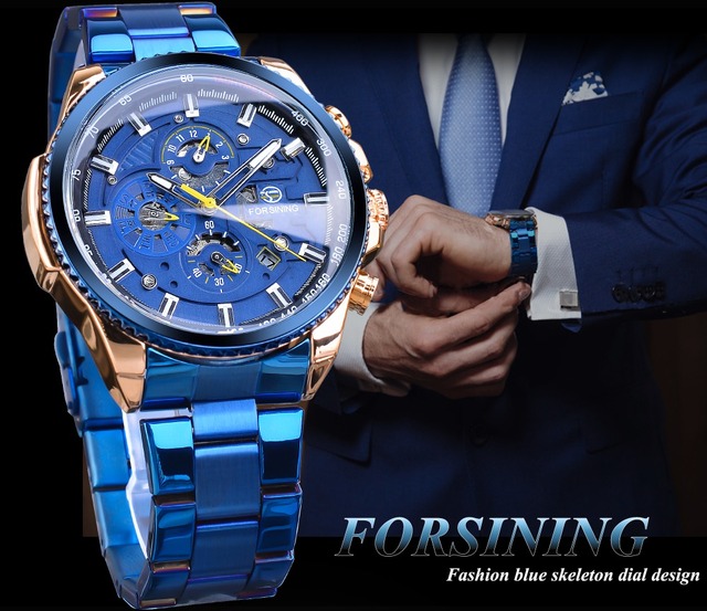 Zegarek męski mechaniczny Forsining Top marka, różowe złoto, koperta ze stali nierdzewnej, trzy tarcze, wielofunkcyjny biznesowy i sportowy automatyczny zegarek na rękę - Wianko - 2