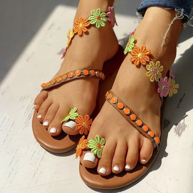 Letnie sandały damskie koronkowe kwiatowe Bohemia, płaskie + rozmiar - Wianko - 8