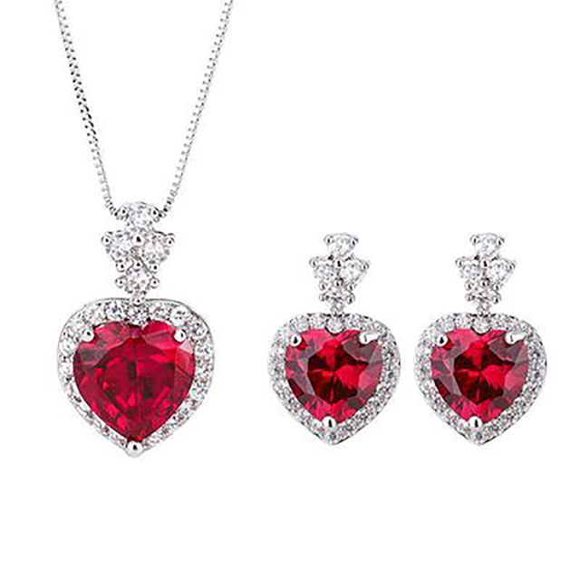 Zestaw biżuterii serca z rubinem, kolczyki i naszyjnik 925 srebro - prezent dla dziewczyny - Wianko - 6
