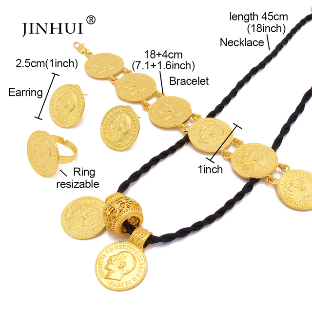 Zestaw biżuterii 24K złoty – duży naszyjnik z wisiorem w kształcie monety, bransoletka i kolczyki w stylu dubajskim afrykański zestaw podarunkowy dla nowożeńców - Wianko - 5