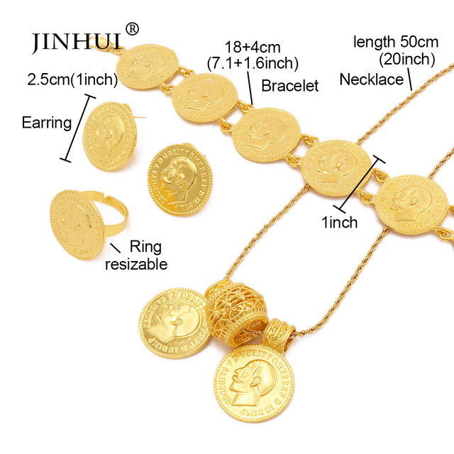 Zestaw biżuterii 24K złoty – duży naszyjnik z wisiorem w kształcie monety, bransoletka i kolczyki w stylu dubajskim afrykański zestaw podarunkowy dla nowożeńców - Wianko - 29