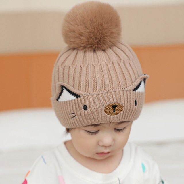 Zimowa czapka dla niemowląt ze słodkimi, kreskówkowymi zwierzętami, uszami i dużym pomponem - chłopiec, dziewczynka, niemowlę, dziecko - Wianko - 3