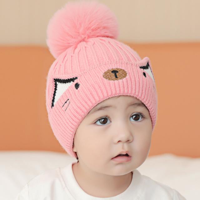 Zimowa czapka dla niemowląt ze słodkimi, kreskówkowymi zwierzętami, uszami i dużym pomponem - chłopiec, dziewczynka, niemowlę, dziecko - Wianko - 4