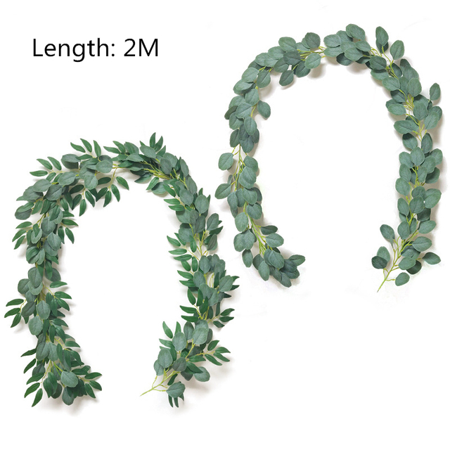 2M sztuczna zielona girlanda eukaliptusowa Rattan z jedwabnymi liśćmi i winorośl sztuczne kwiaty - Wianko - 1