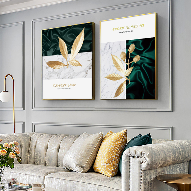 Obraz tropikalnych roślin - złote zielone liście na płótnie, drukowane w stylu marmuru, nowoczesna abstrakcja do dekoracji ścian w salonie i domu - Wianko - 4