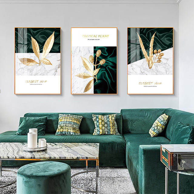 Obraz tropikalnych roślin - złote zielone liście na płótnie, drukowane w stylu marmuru, nowoczesna abstrakcja do dekoracji ścian w salonie i domu - Wianko - 1