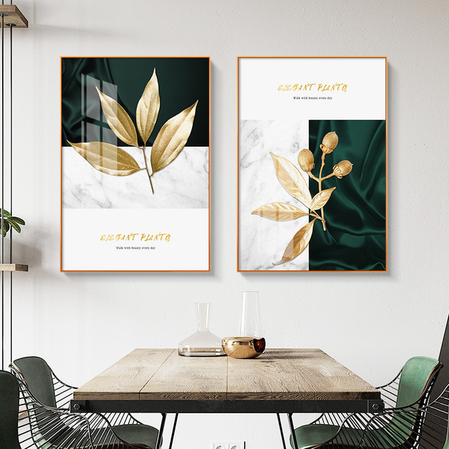 Obraz tropikalnych roślin - złote zielone liście na płótnie, drukowane w stylu marmuru, nowoczesna abstrakcja do dekoracji ścian w salonie i domu - Wianko - 2