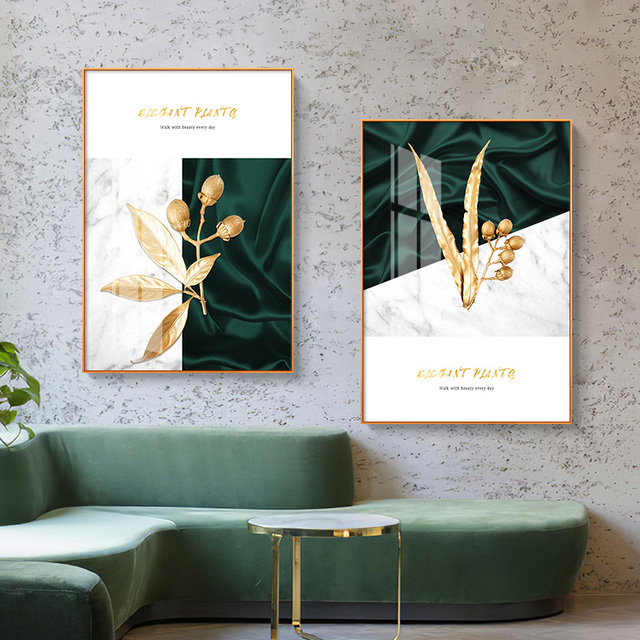 Obraz tropikalnych roślin - złote zielone liście na płótnie, drukowane w stylu marmuru, nowoczesna abstrakcja do dekoracji ścian w salonie i domu - Wianko - 3