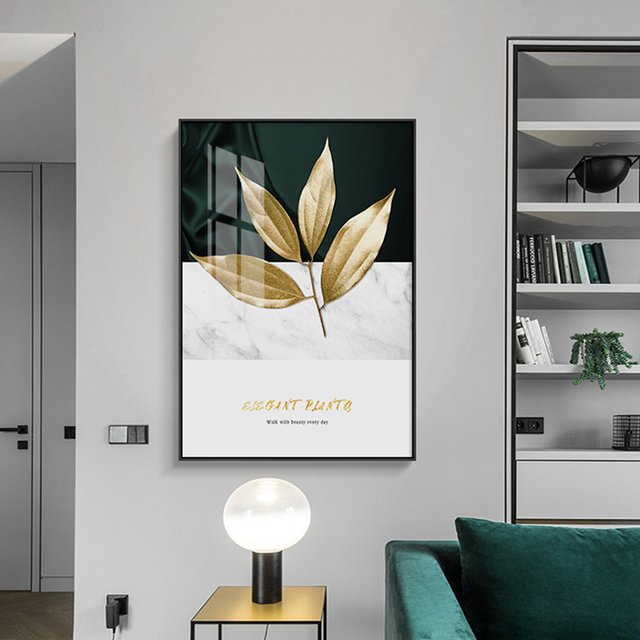 Obraz tropikalnych roślin - złote zielone liście na płótnie, drukowane w stylu marmuru, nowoczesna abstrakcja do dekoracji ścian w salonie i domu - Wianko - 6