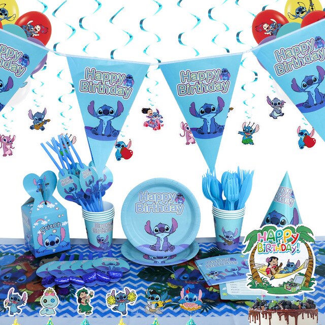 Dekoracja urodzinowa Disney Baby Lilo i Stitch - niebieski motyw dla dziewczyny i chłopca, balon, flaga i materiały eksploatacyjne - Wianko - 1