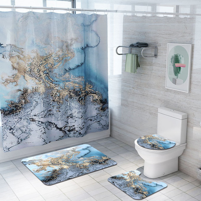 Mata do łazienki i prysznica z niebieskiego marmuru, zestaw zasłon i antypoślizgowa mata do toalety - Wianko - 5