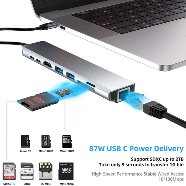 USB C Hub type-c 3.1 do 4K HDMI RJ45 USB czytnik kart SD/TF PD szybkie ładowanie 8-w-1 stacja dokująca USB MacBook Air Pro PC HUB - Wianko - 3