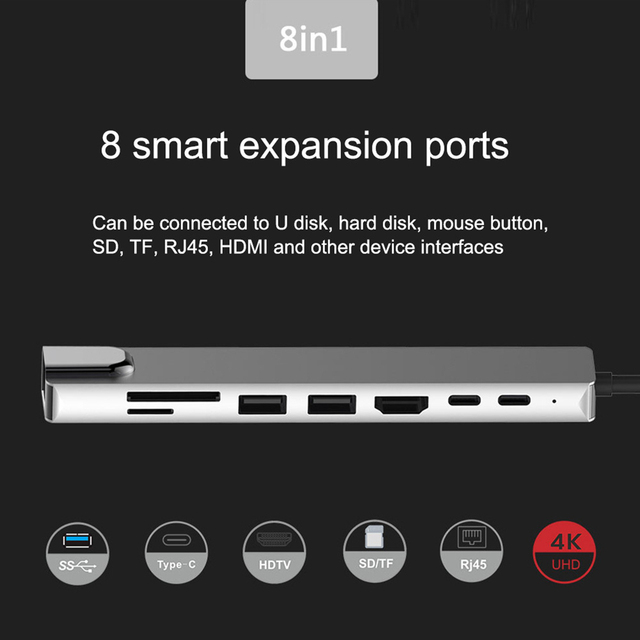 USB C Hub type-c 3.1 do 4K HDMI RJ45 USB czytnik kart SD/TF PD szybkie ładowanie 8-w-1 stacja dokująca USB MacBook Air Pro PC HUB - Wianko - 8
