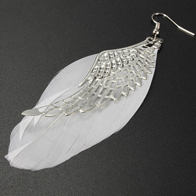 Żyrandol długie zwisające kolczyki z przepięknymi piórami w kształcie skrzydeł anioła dla kobiet - Wianko - 3
