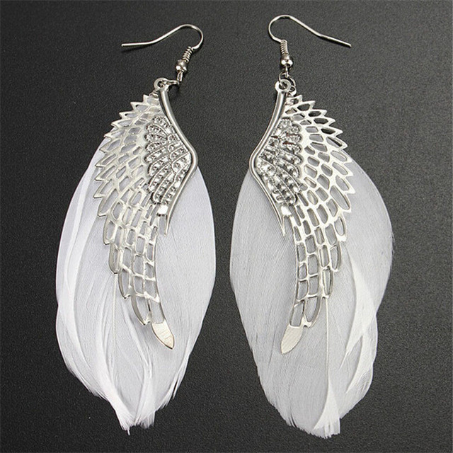 Żyrandol długie zwisające kolczyki z przepięknymi piórami w kształcie skrzydeł anioła dla kobiet - Wianko - 10