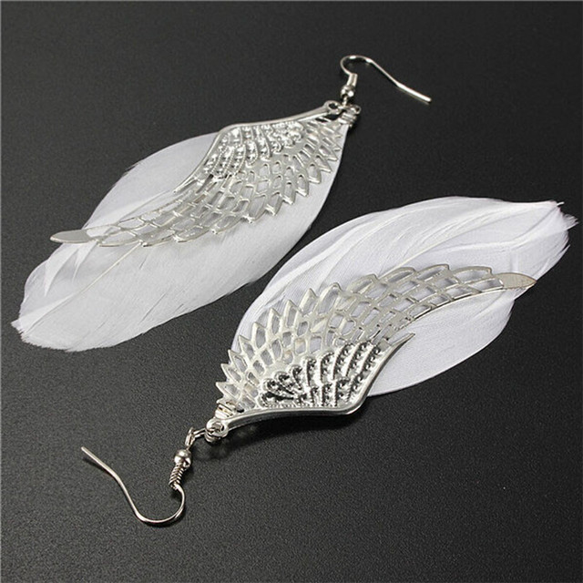 Żyrandol długie zwisające kolczyki z przepięknymi piórami w kształcie skrzydeł anioła dla kobiet - Wianko - 2