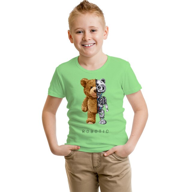Dziecięca koszulka z napisem BLINGPAW miś Robotic - 100% bawełna, uniseks, letnie ubranie - Wianko - 4