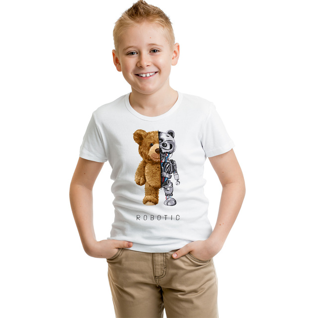 Dziecięca koszulka z napisem BLINGPAW miś Robotic - 100% bawełna, uniseks, letnie ubranie - Wianko - 14