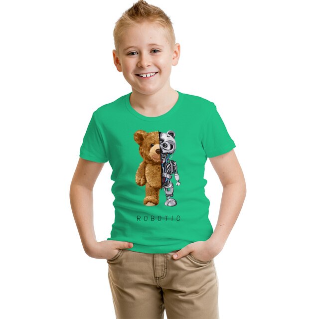 Dziecięca koszulka z napisem BLINGPAW miś Robotic - 100% bawełna, uniseks, letnie ubranie - Wianko - 6