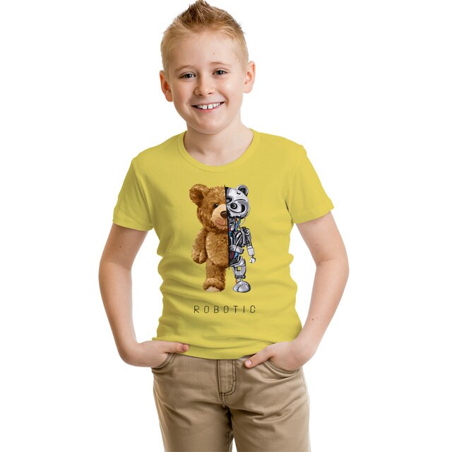 Dziecięca koszulka z napisem BLINGPAW miś Robotic - 100% bawełna, uniseks, letnie ubranie - Wianko - 12