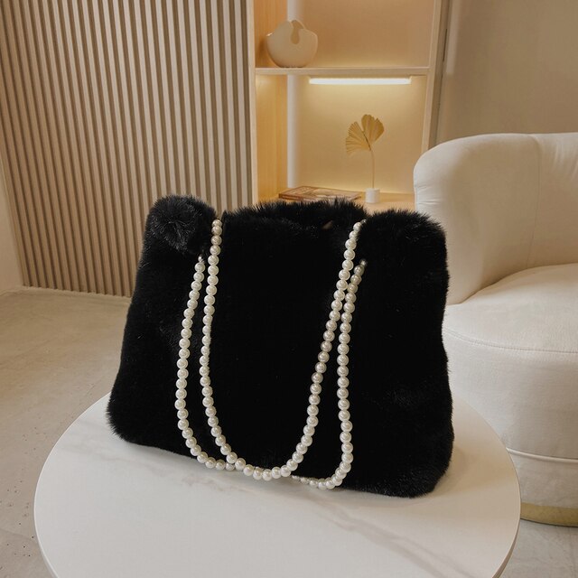 Furry luksusowa torebka futerkowa na ramię z rączkami i perłami dla kobiet 2021 zima - Wianko - 38