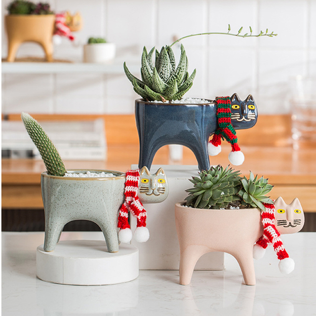 Kreatywna ceramiczna doniczka w kształcie ogona kota z kreskówki - dekoracja domu i biura na biurko, doskonała na sukulenty i kaktusy - Wianko - 1