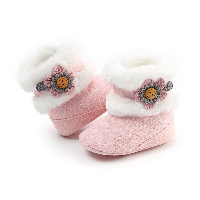Buty na zimę dla noworodka dziewczynki, futro kwiatowe, półbuty Slip-On, długość do łydki, ciepłe, rozmiary 0-18M - Wianko - 4