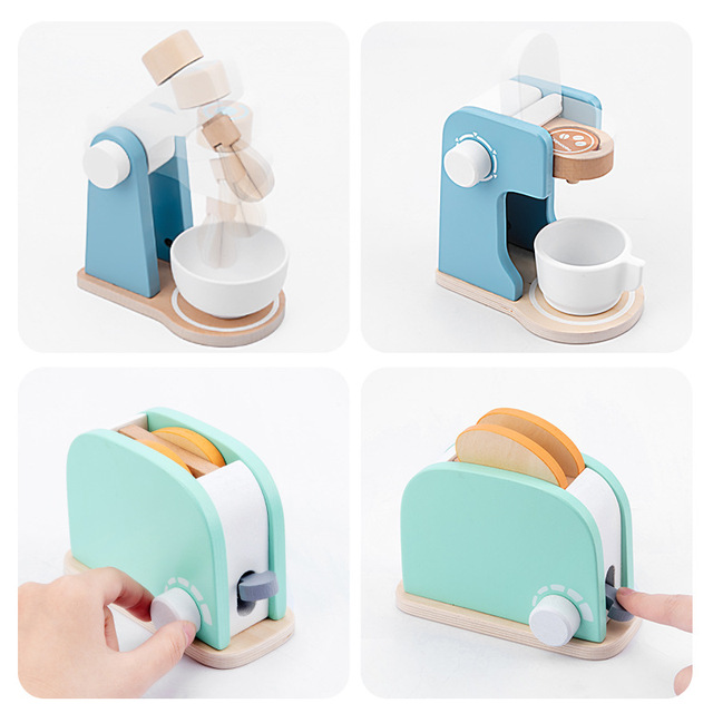 Drewniana zabawkowa kuchnia 3D dla dzieci: ekspres do kawy, toster i domek do zabawy - Wianko - 4