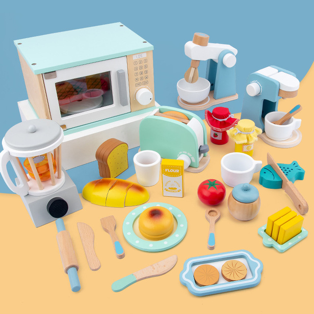 Drewniana zabawkowa kuchnia 3D dla dzieci: ekspres do kawy, toster i domek do zabawy - Wianko - 2