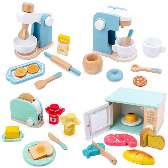 Drewniana zabawkowa kuchnia 3D dla dzieci: ekspres do kawy, toster i domek do zabawy - Wianko - 3