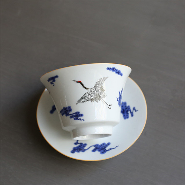 Porcelanowa Gaiwan niebiesko-biała z ręcznie malowanym żurawiem, idealna do parzenia herbaty - Wianko - 3