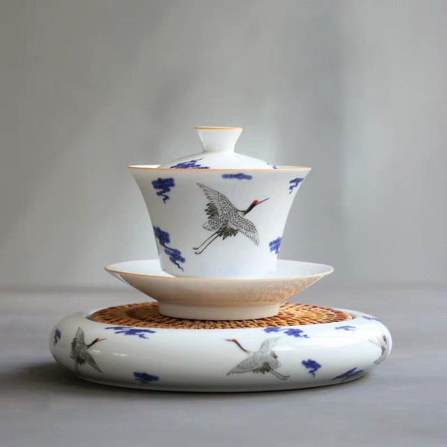 Porcelanowa Gaiwan niebiesko-biała z ręcznie malowanym żurawiem, idealna do parzenia herbaty - Wianko - 10