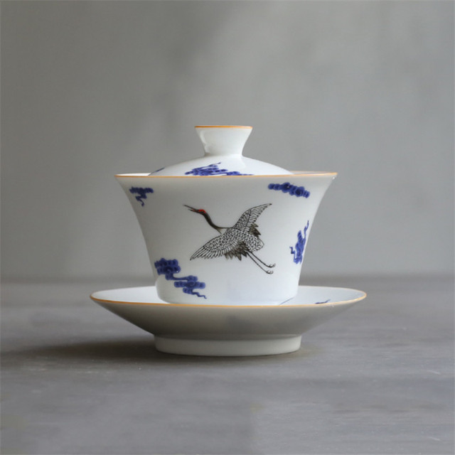 Porcelanowa Gaiwan niebiesko-biała z ręcznie malowanym żurawiem, idealna do parzenia herbaty - Wianko - 9