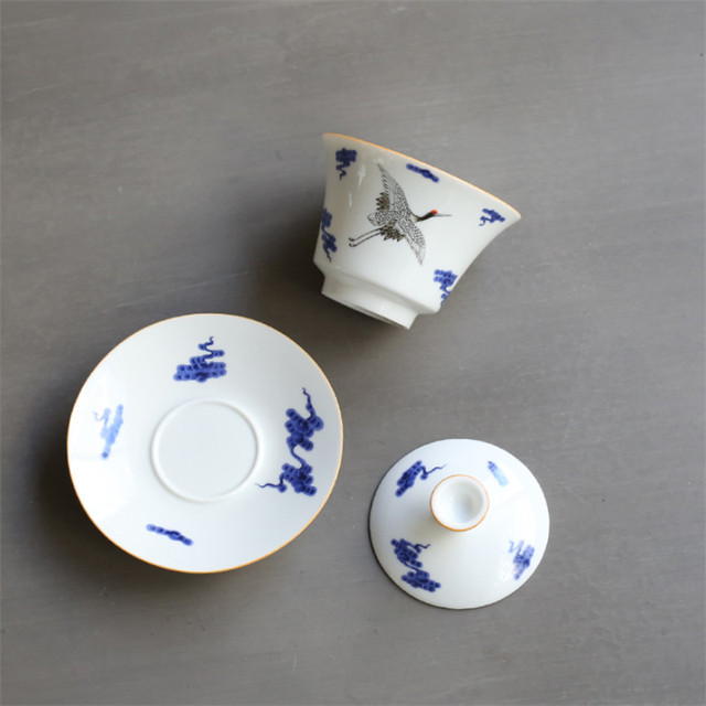 Porcelanowa Gaiwan niebiesko-biała z ręcznie malowanym żurawiem, idealna do parzenia herbaty - Wianko - 4