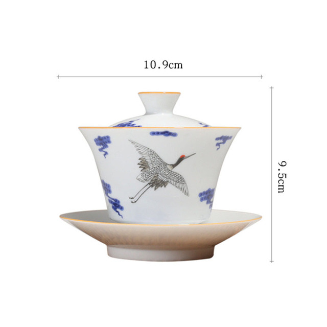 Porcelanowa Gaiwan niebiesko-biała z ręcznie malowanym żurawiem, idealna do parzenia herbaty - Wianko - 1